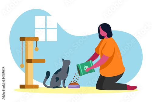 Women Feeding a Cat at Home, Flat Illustration