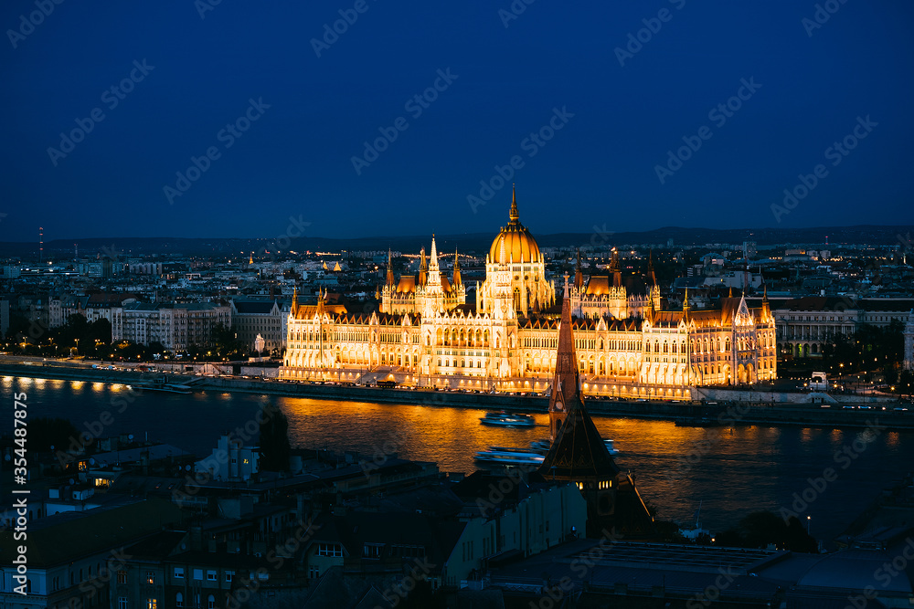 Budapest tourist landmark Hungarian Parliament in Dusk