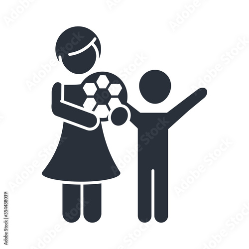 little daughter with soccer ball and boy family day, icon in silhouette style