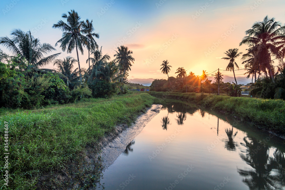 Obraz premium Village river reflection of sunrise view in Balik Pulau, Penang