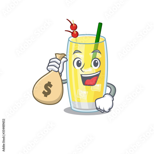 Crazy rich pina colada cocktail mascot design having money bags