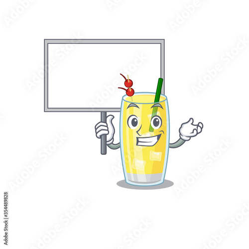 Cartoon picture of pina colada cocktail mascot design style carries a board