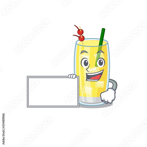 Cartoon character design of pina colada cocktail holding a board
