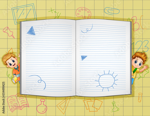 Border template with open book and school boys illustration