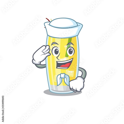 Smiley sailor cartoon character of pina colada cocktail wearing white hat and tie