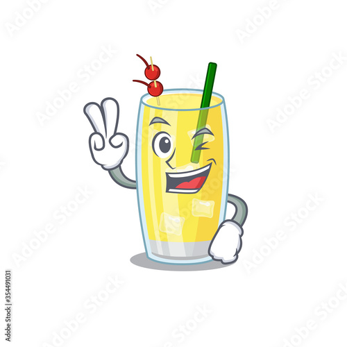 Happy pina colada cocktail cartoon design concept show two fingers