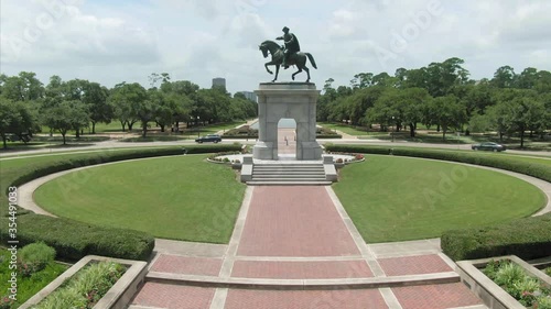 Aerial: Sam Houston Statue at Hermann Park. Houston, Texas, USA photo