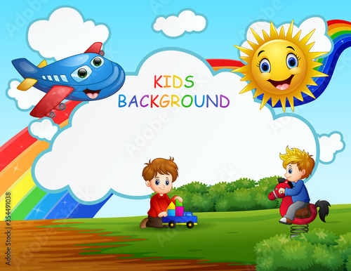 Scene with two boys playing in rainbow background
