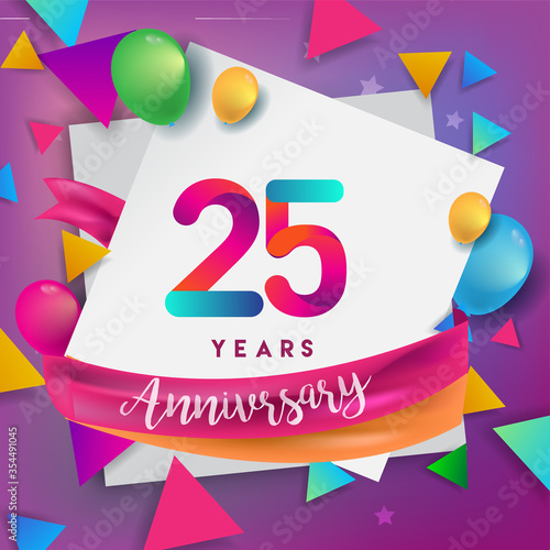 25th years anniversary logo, vector design birthday celebration with colorful geometric, Circles and balloons isolated on white background.