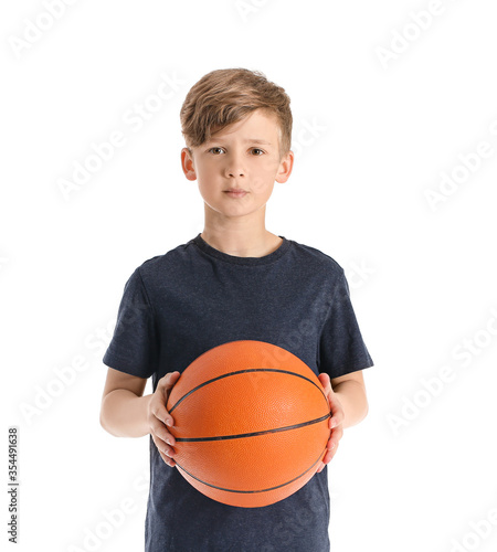 Cute little basketball player on white background