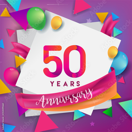 50th years anniversary logo, vector design birthday celebration with colorful geometric, Circles and balloons isolated on white background.