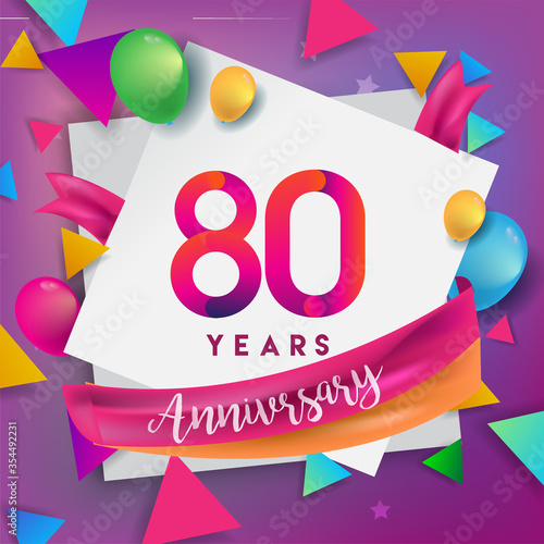 80th years anniversary logo, vector design birthday celebration with colorful geometric, Circles and balloons isolated on white background.