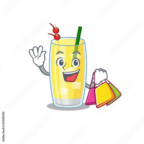 wealthy pina colada cocktail cartoon character with shopping bags