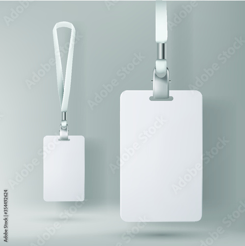 Clear plastic badge id card with white neck lanyard. Realistic vector illustration