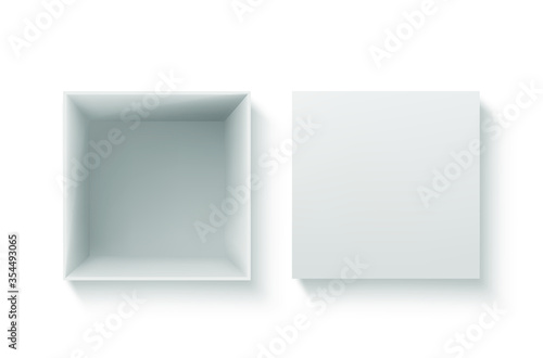Realistic box top view. Open white package mockup, cardboard closed gift box blank paper pack.
