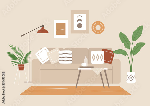 Boho style interior, a sofa with pillows, picture frames, and plants, millennial lifestyle, no people, empty