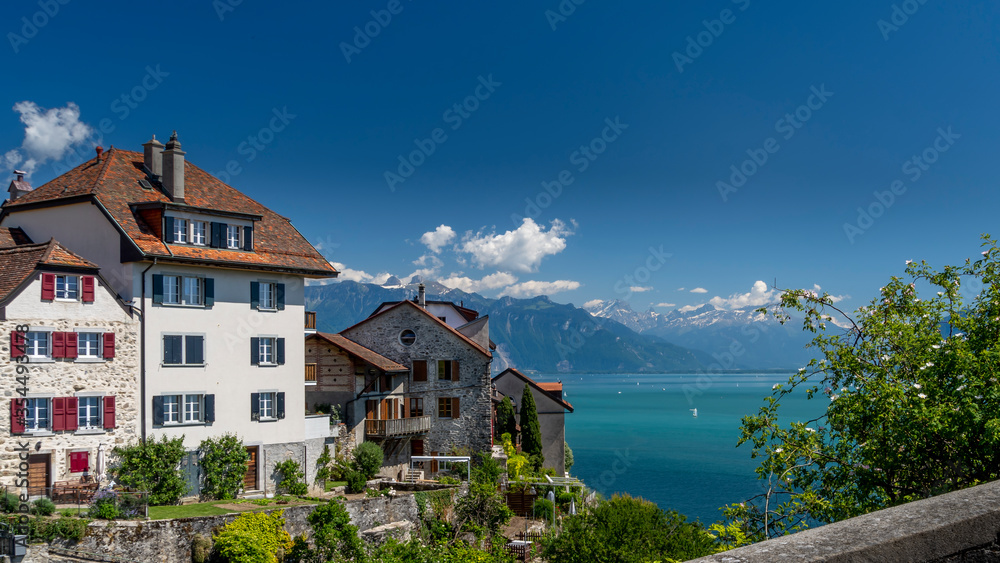Fototapeta premium Vue sur le lac Léman depuis le village de Rivaz dans les vignobles du Lavaux