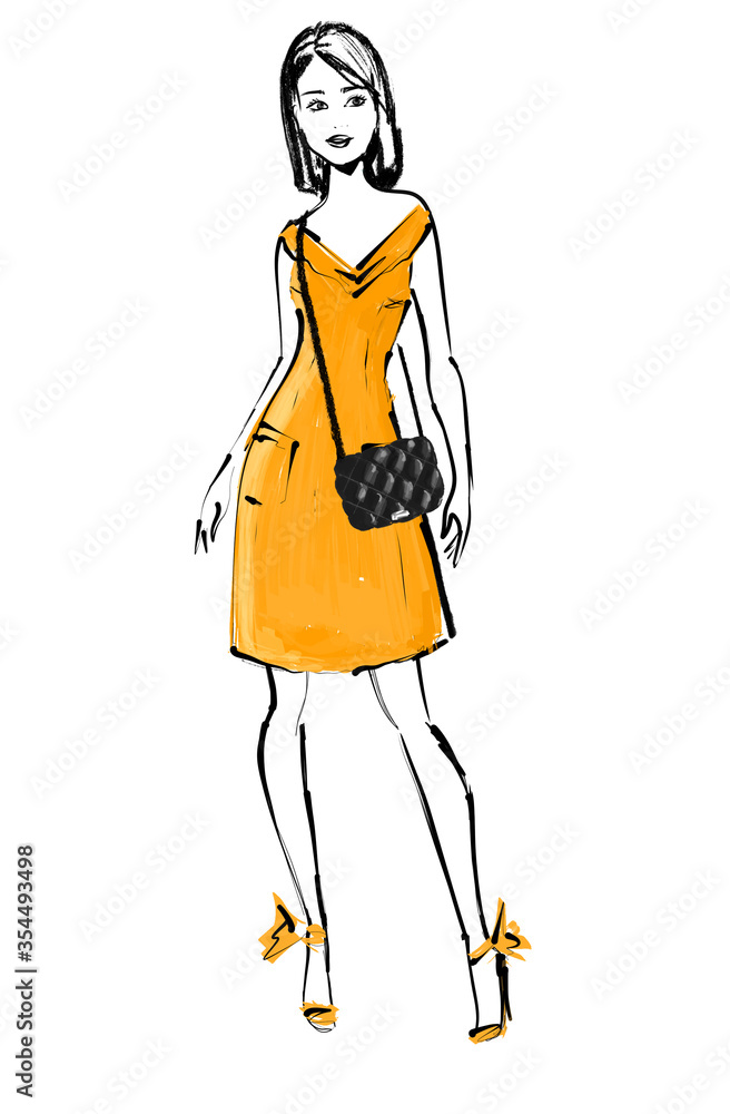 fashion Illustration: a young beautiful woman in a mustard yellow dress fashion Illustration: a young beautiful woman in a mustard yellow dress