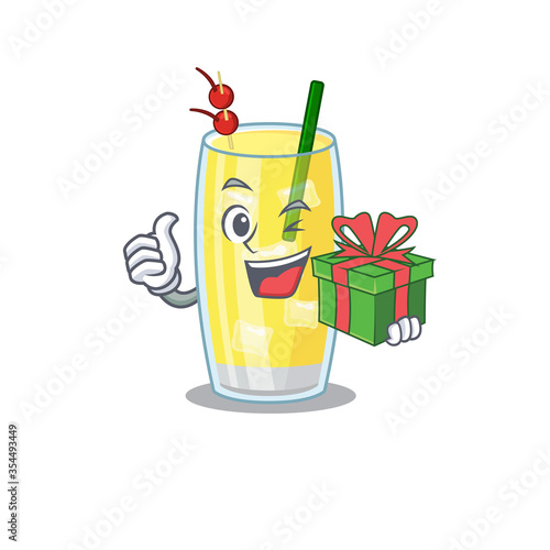 joyful pina colada cocktail cartoon character with a big gift box