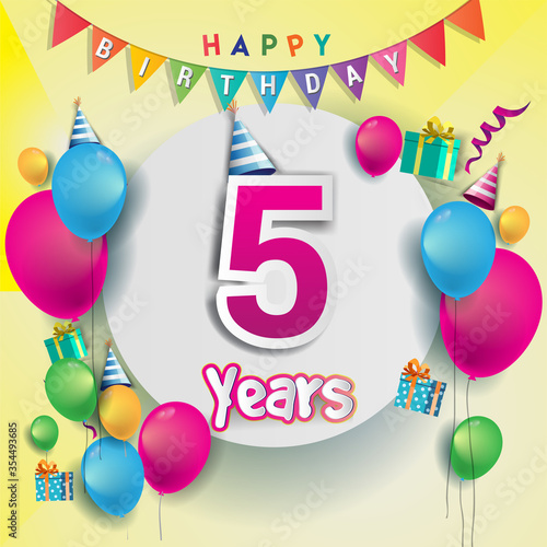 5th Anniversary Celebration, birthday card or greeting card design with gift box and balloons, Colorful vector elements for birthday celebration party.