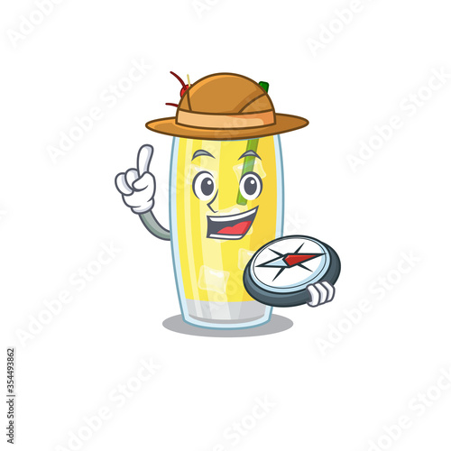 mascot design concept of pina colada cocktail explorer using a compass in the forest