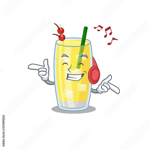 Pina colada cocktail Cartoon design concept listening music on headphone