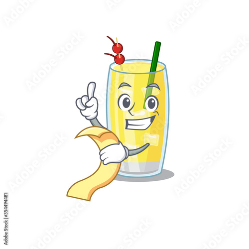 Pina colada cocktail mascot character style with a menu on his hand