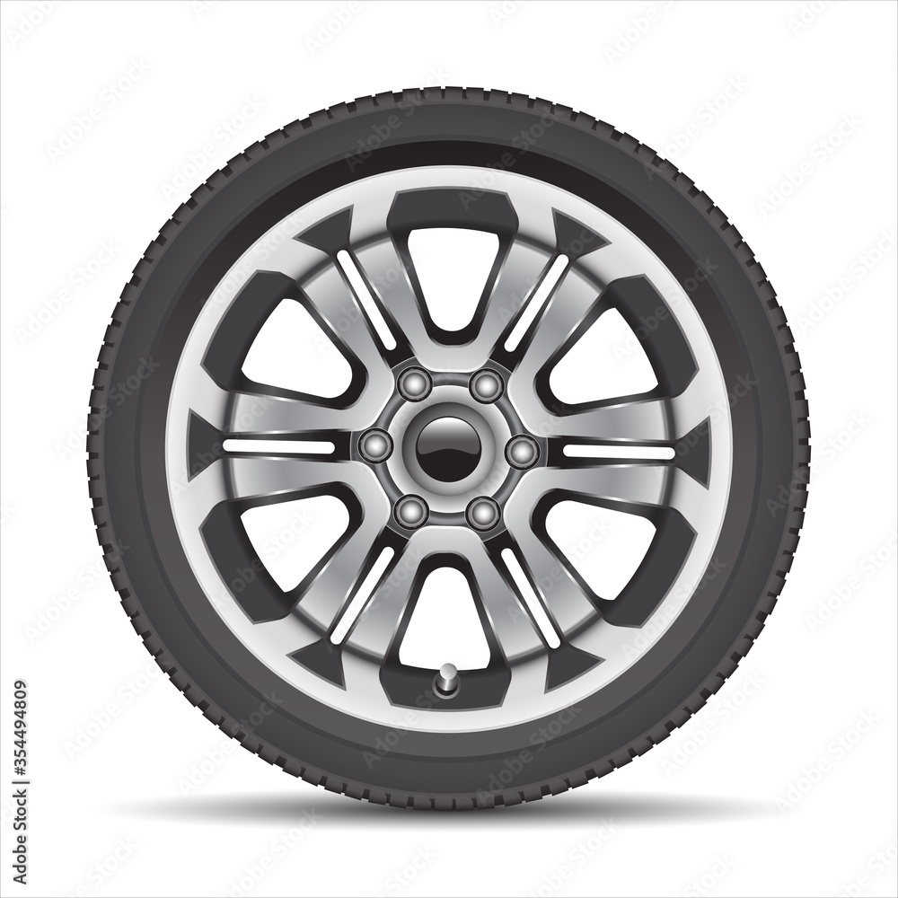 Realistic car wheel alloy with black rubber on white background vector illustration. Realistic car wheel alloy with black rubber on white background vector illustration.