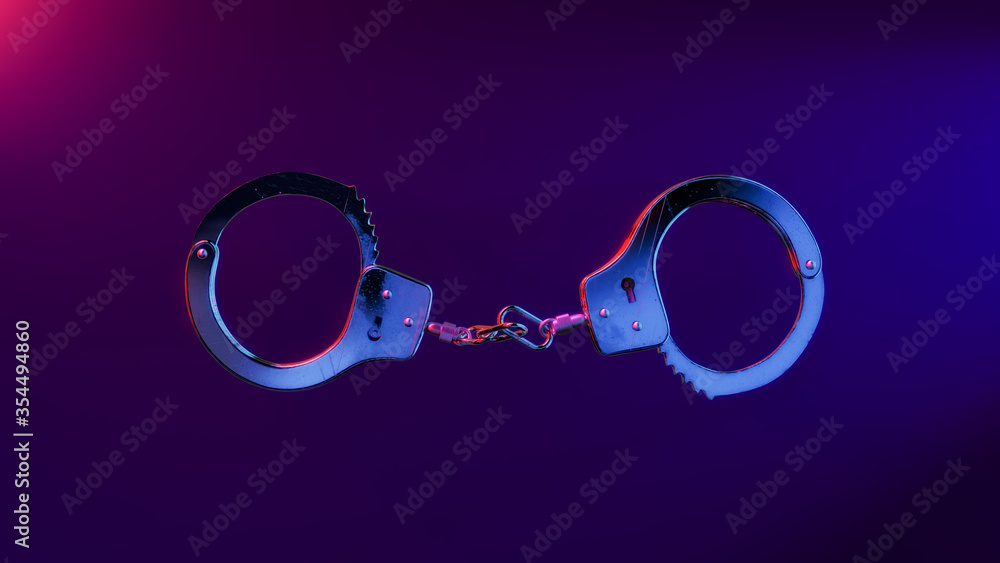 3D illustration of handcuffs on a red and blue background 3D illustration of handcuffs on a red and blue background