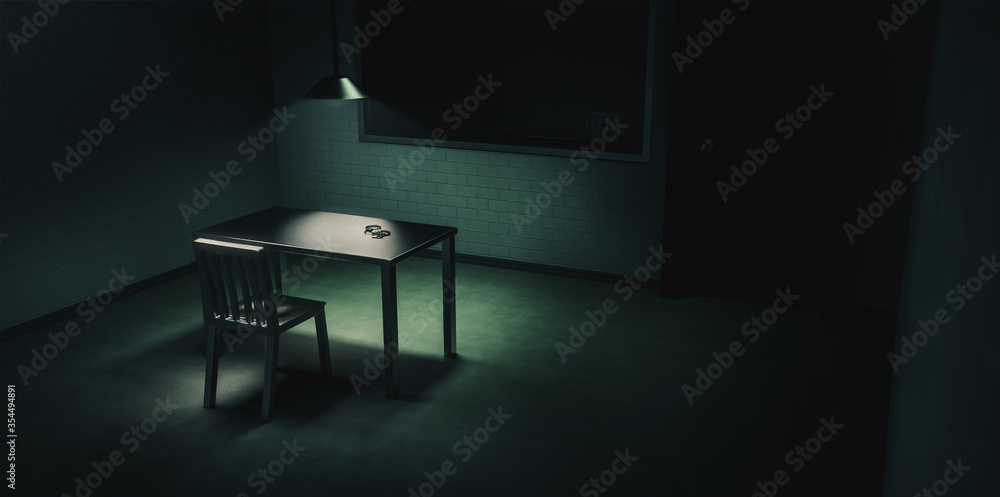Dramatic lit scene of a police interrogation room / 3D rendering, illustration - obrazy, fototapety, plakaty 