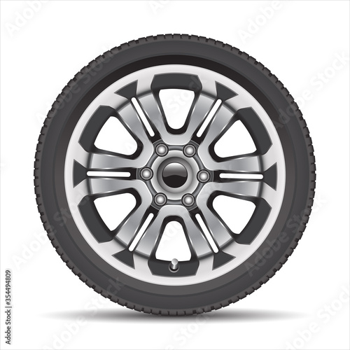 Realistic car wheel alloy with black rubber on white background vector illustration.