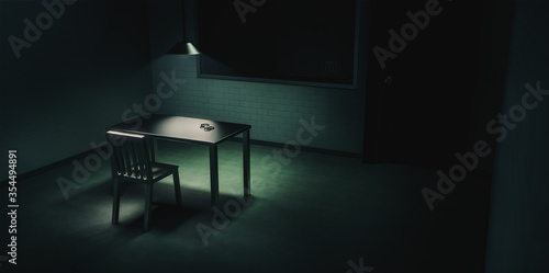 Dramatic lit scene of a police interrogation room / 3D rendering, illustration photo