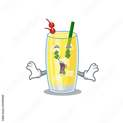 wealthy cartoon character concept of pina colada cocktail with money eyes