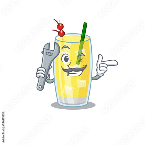 A caricature picture of pina colada cocktail working as a mechanic