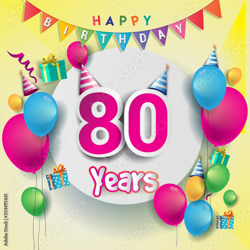 80th Anniversary Celebration, birthday card or greeting card design with gift box and balloons, Colorful vector elements for birthday celebration party.