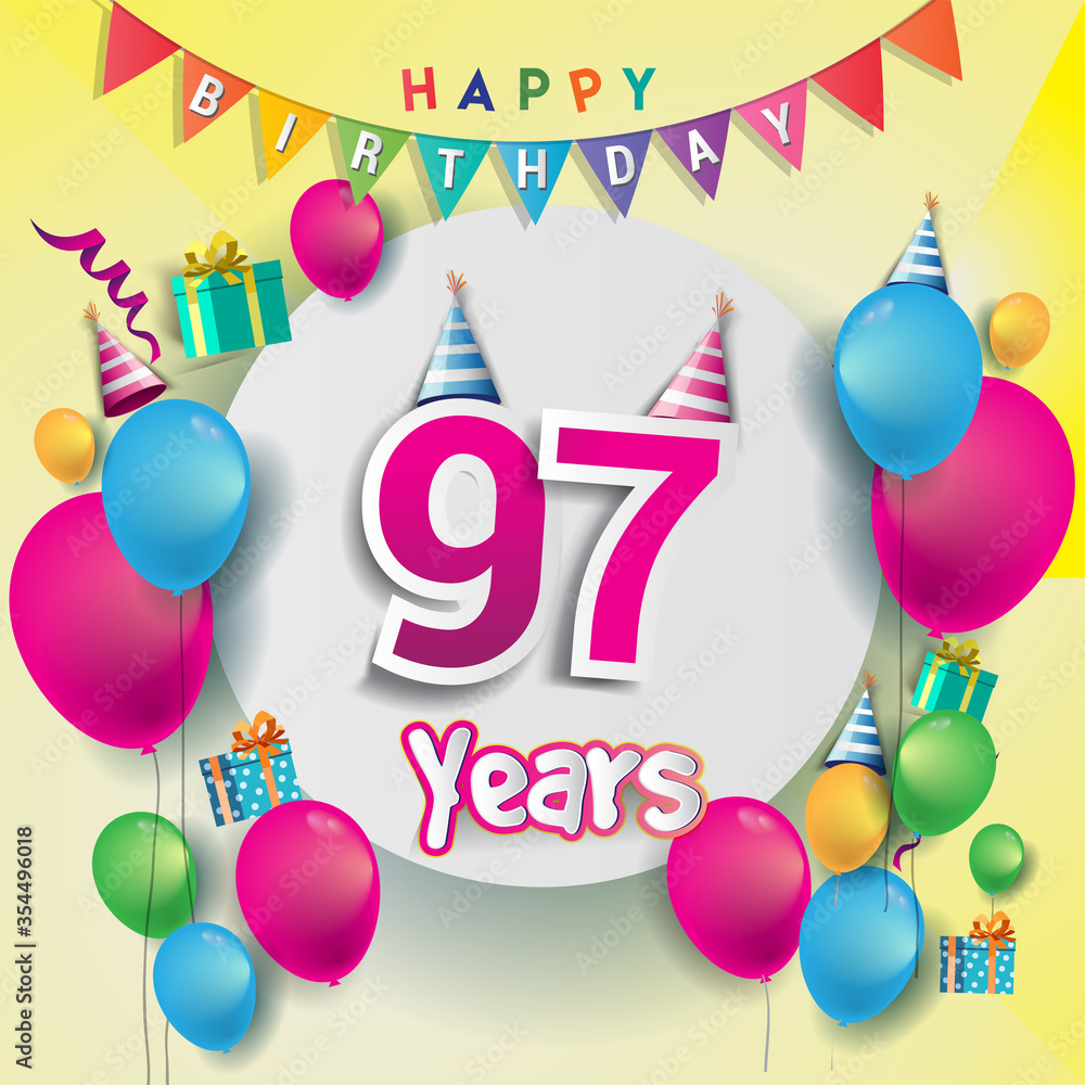 97th Anniversary Celebration, birthday card or greeting card design with gift box and balloons, Colorful vector elements for birthday celebration party. 97th Anniversary Celebration, birthday card or greeting card design with gift box and balloons, Colorful vector elements for birthday celebration party.