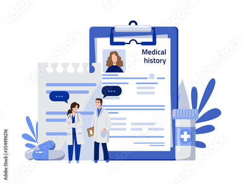 Medical history concept. Doctors woman and man explore patient medical history, card with illnesses. Medical diagnosis, medical history, patient card. Vector illustration. Modern flat design.