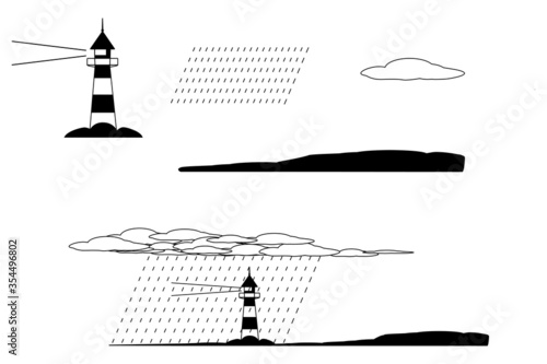 Lighthouse along shore with clouds and rain. Black and white pictogram icons isolated on a white background. EPS Vector