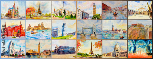 World architectural set of Travel around the world and sights. F