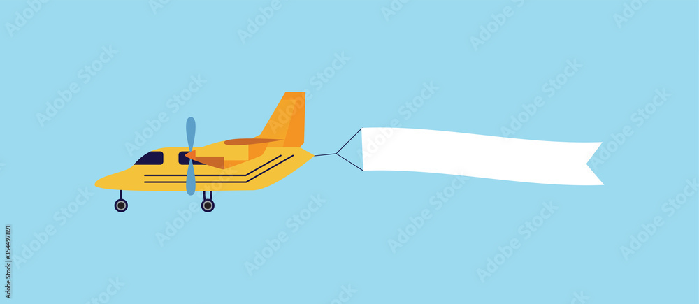 Vintage yellow airplane flying with blank white ribbon banner behind it