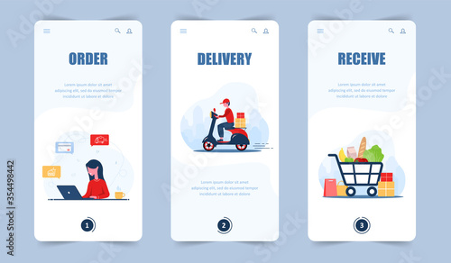 Online food order. Grocery delivery. Mobile app and landing page. A woman shop at an online store. Fast courier on the scooter. Shopping basket. Modern vector illustration in flat cartoon style.