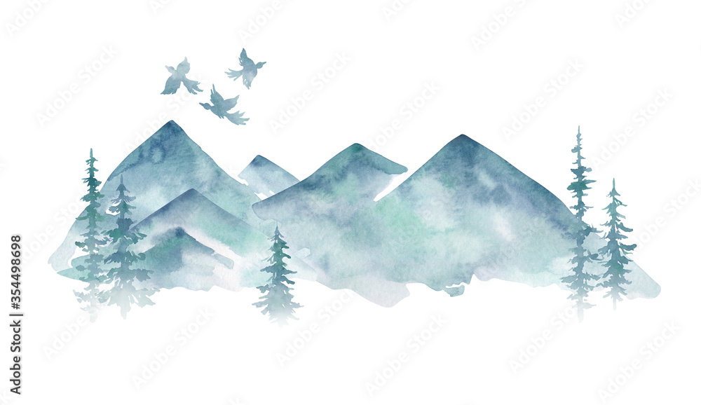 Fototapeta Watercolor winter landscape with mountain and fir trees. Evergreen spruce, forest landscape, natural, ecological, tourist theme, design element, card, posters