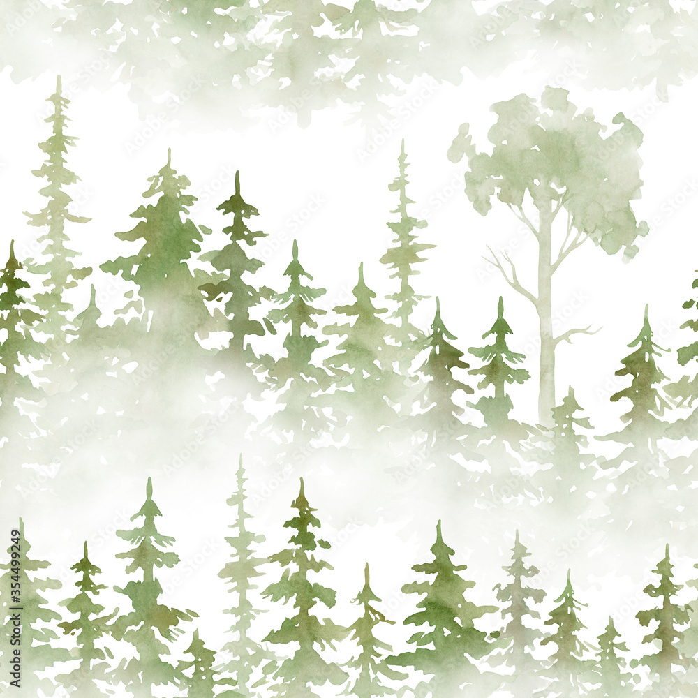 Obraz premium Watercolor seamless pattern with greren foggy forest. Evergreen fir trees. Hand drawn background with landscape. Natural, ecological, tourism and hiking theme