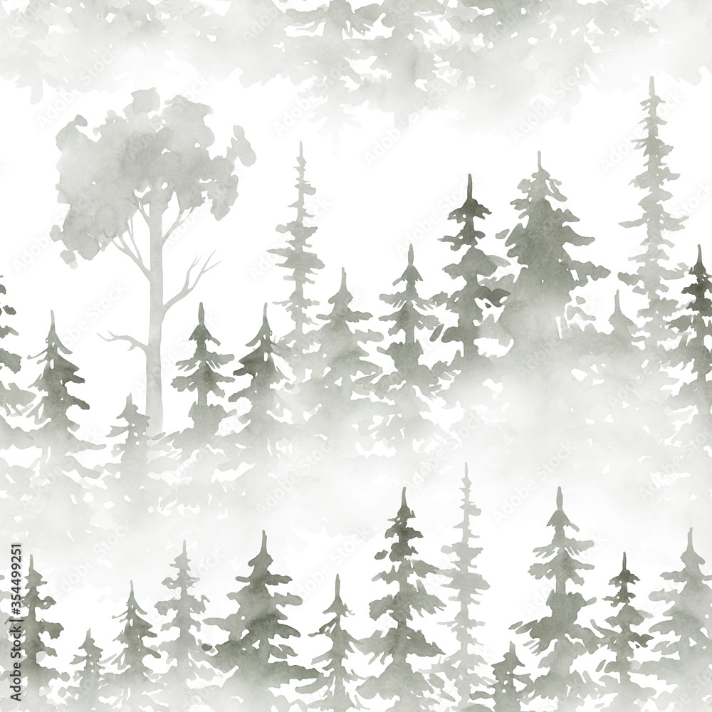 Watercolor seamless pattern with foggy forest. Evergreen fir trees. Hand drawn background with landscape. Natural, ecological, tourism and hiking theme
