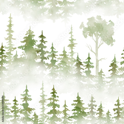 Watercolor seamless pattern with greren foggy forest. Evergreen fir trees. Hand drawn background with landscape. Natural  ecological  tourism and hiking theme