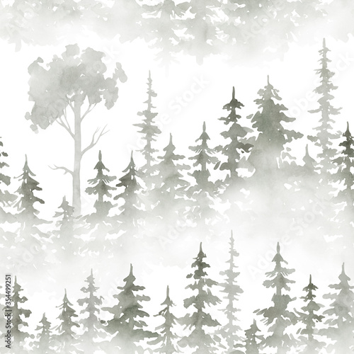 Watercolor seamless pattern with foggy forest. Evergreen fir trees. Hand drawn background with landscape. Natural, ecological, tourism and hiking theme © Kate K.