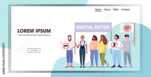 mix race activists holding posters with gadgets in red prohibition signs digital detox concept people abandoning internet and social networks horizontal copy space vector illustration