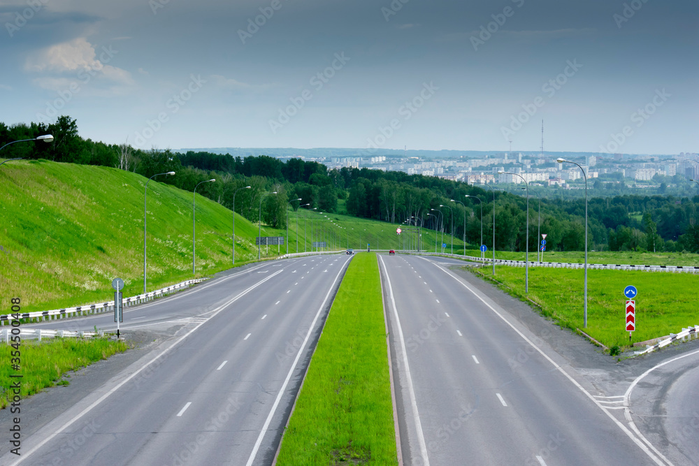 Fototapeta premium Two way highway road with junction and road signs. 