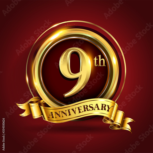 Celebrating 9th golden anniversary, Design Logo of Anniversary celebration with gold ring and golden ribbon.