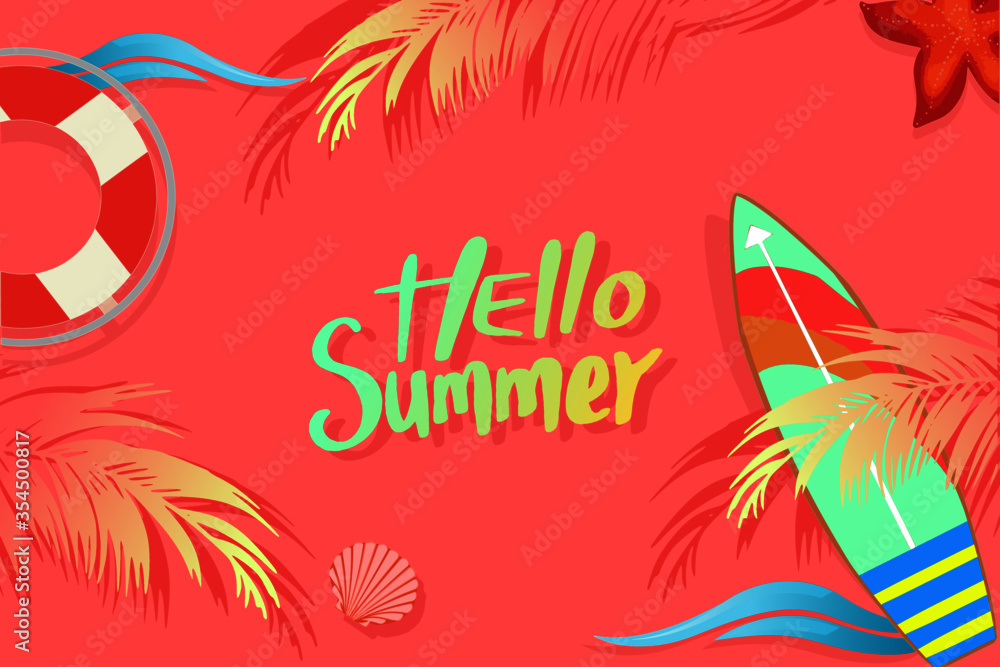 Hello Summer tropical pink pastel color concept with surfboard, life buoy, starfish, seashell, wave and plam leaf and the beach. For template, banner, billboard, label tag summer sale.